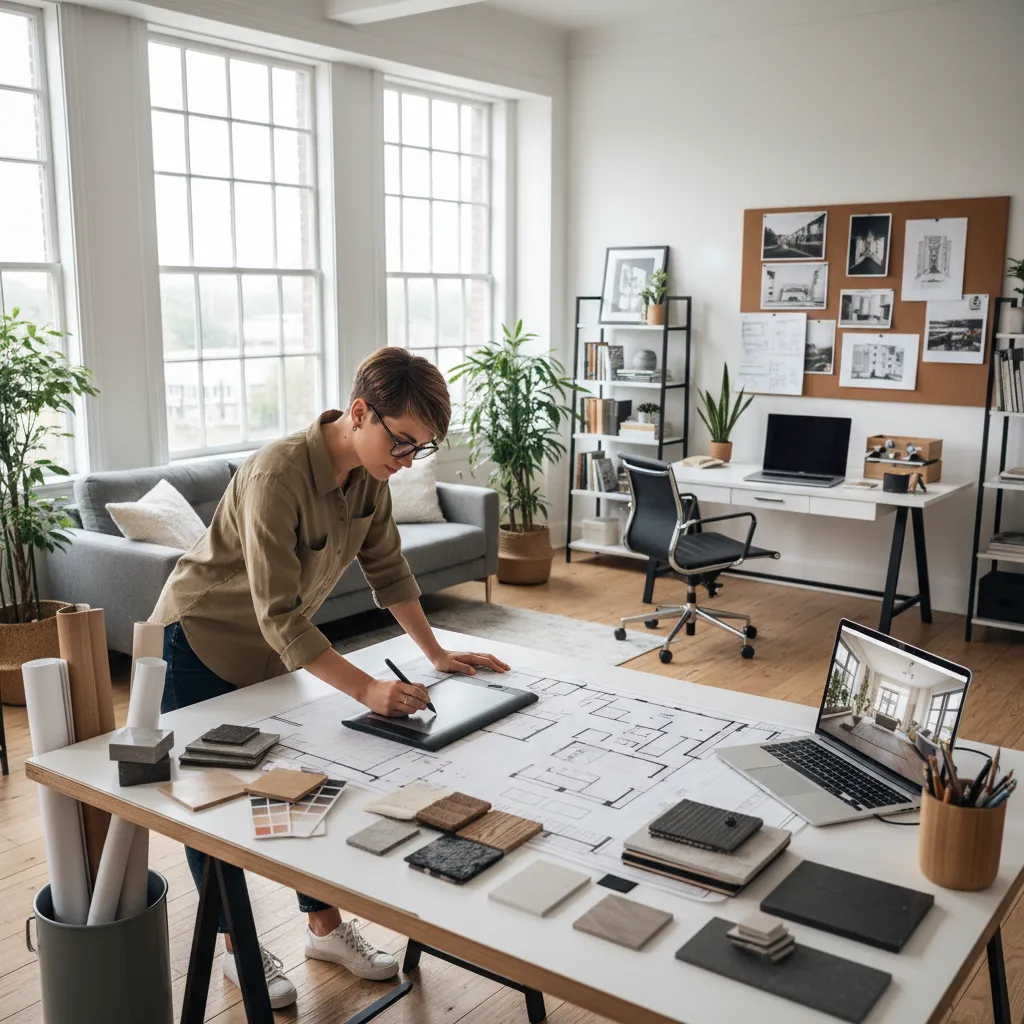 Interior designer using a digital tablet working on floor plans with material samples and laptop