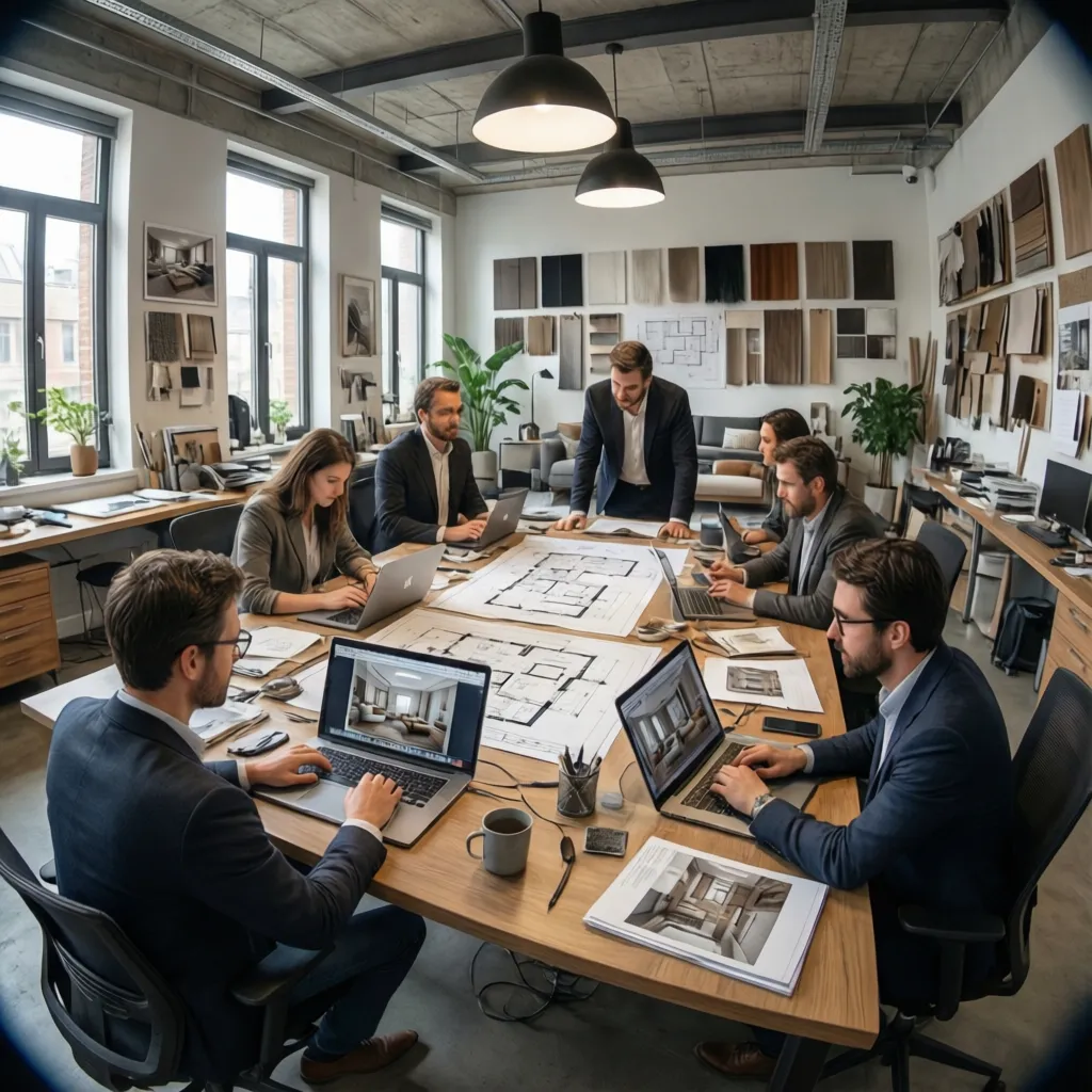 Equipo de diseño de interiores trabajando en un estudio profesional