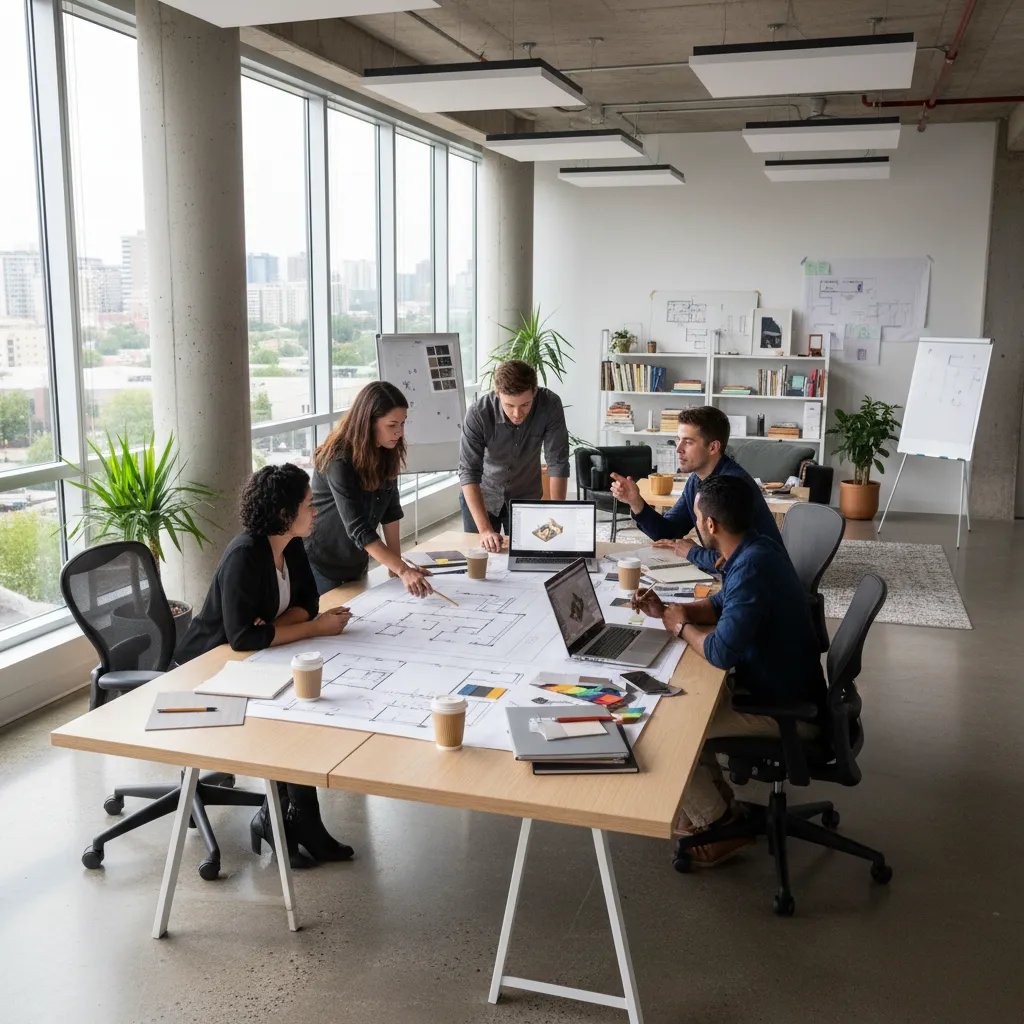 Team of designers discussing room layout on a large table in a bright modern office