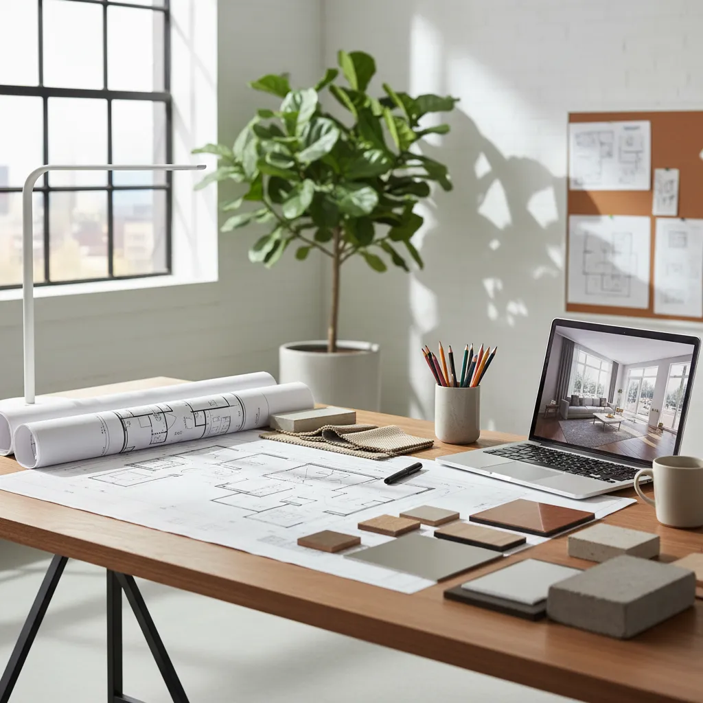 Mesa de trabajo con planos, muestras de materiales y portátil de diseño