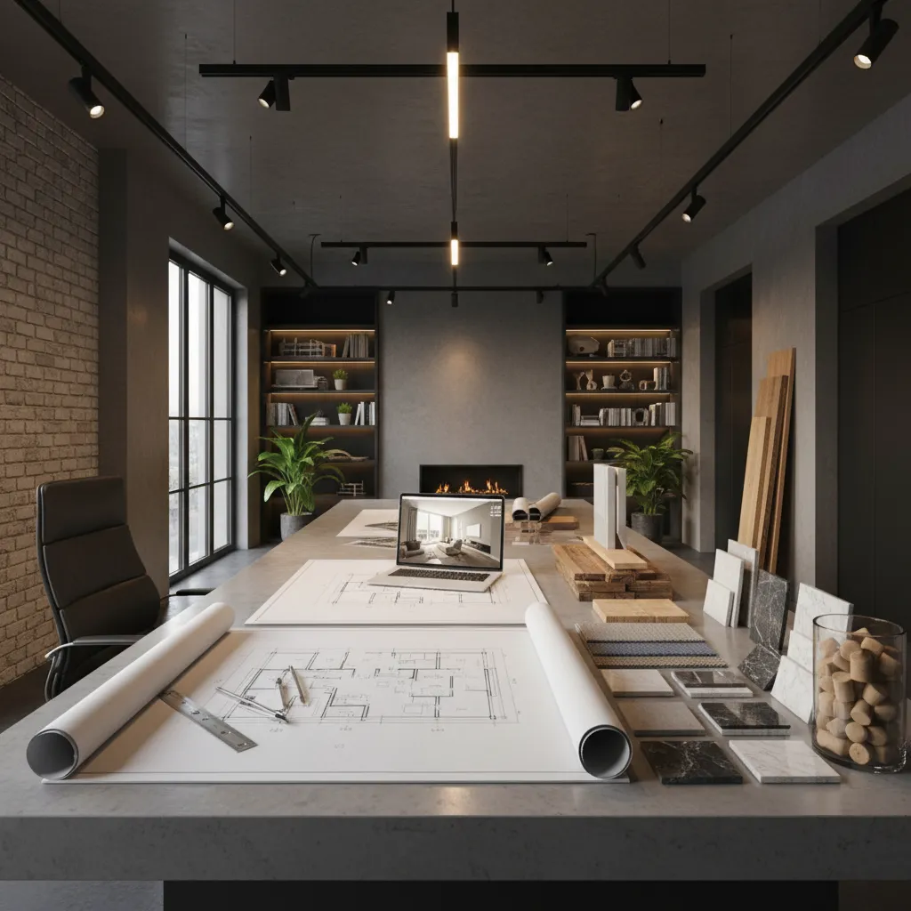 Mesa de trabajo con planos de interiorismo, escalímetro y portátil con modelo 3D