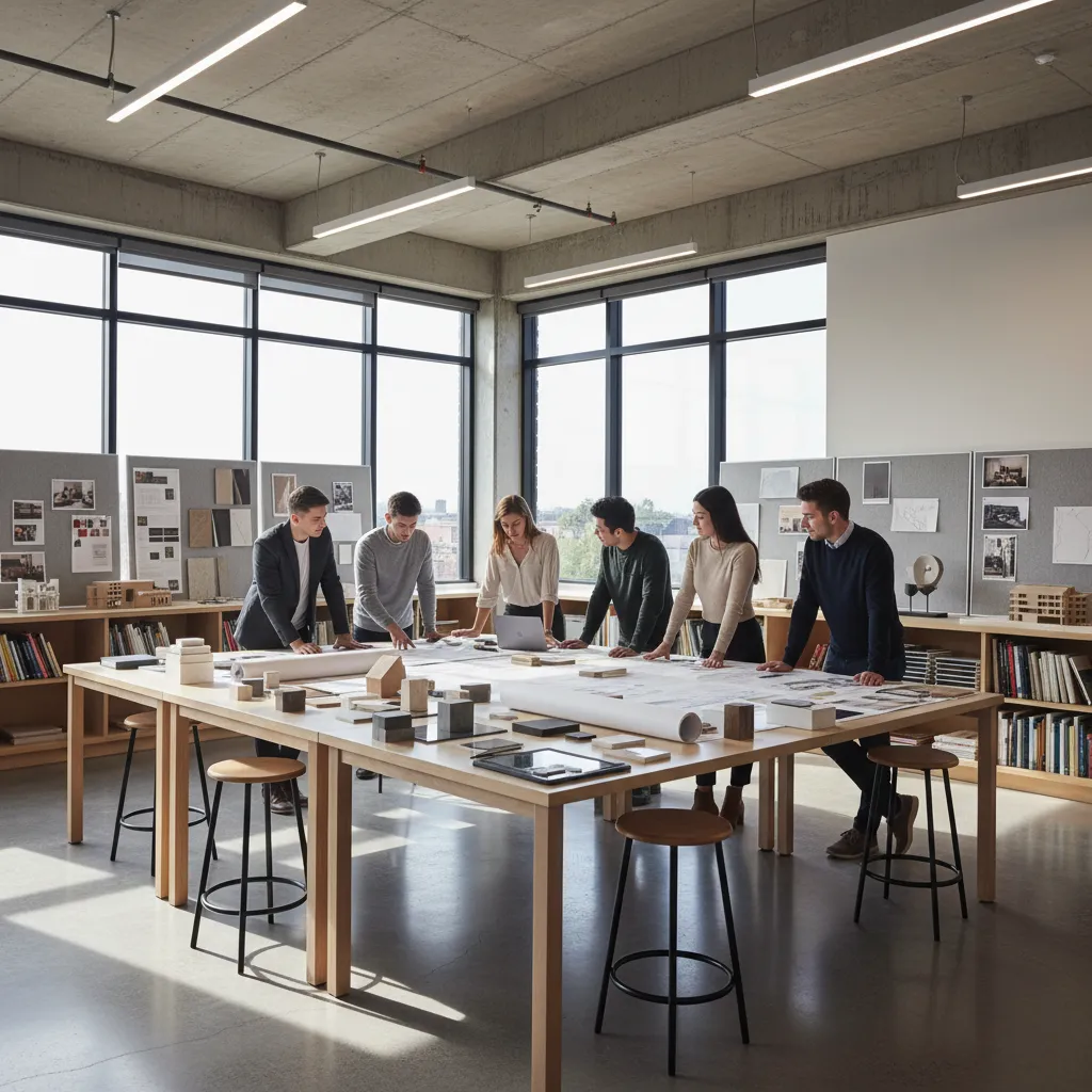 Aula universitaria de diseño de interiores con estudiantes trabajando en planos