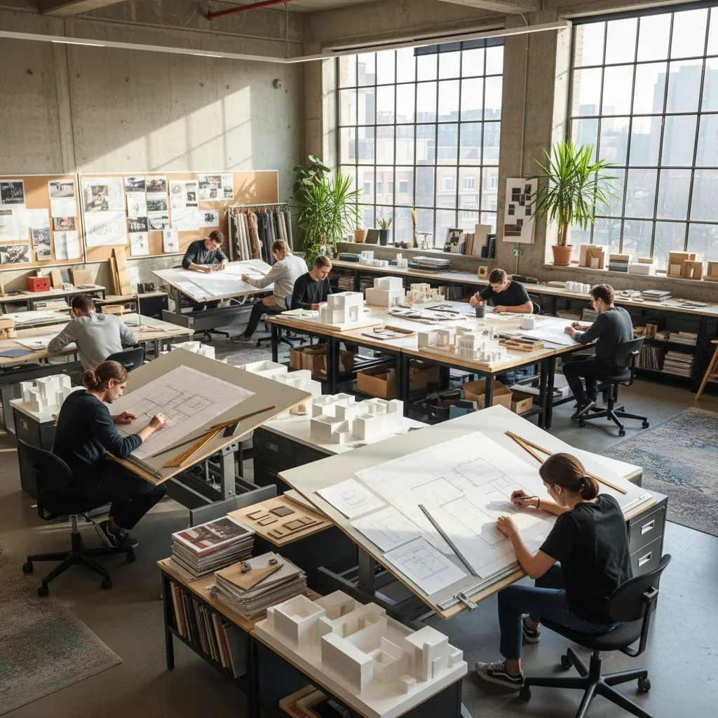 Aula universitaria de diseño interior con estudiantes trabajando en planos