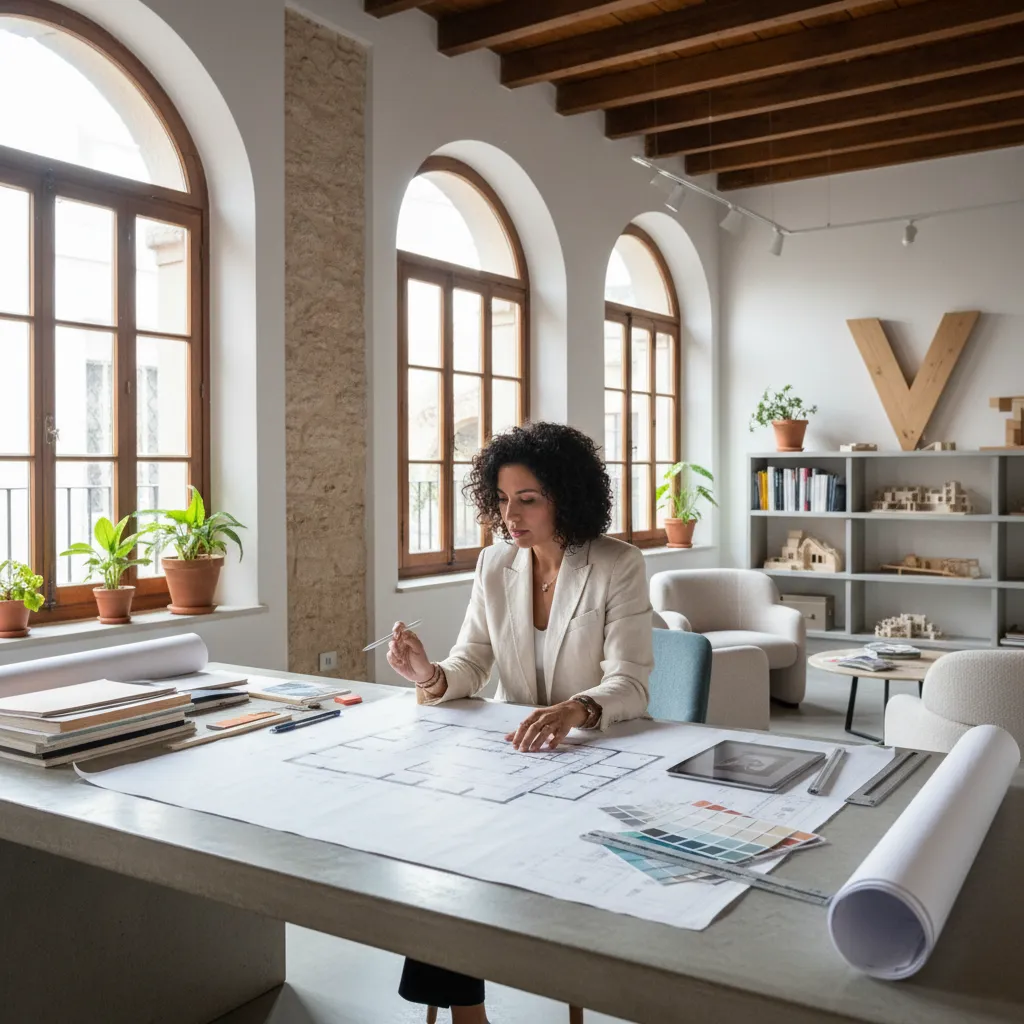 Diseñador de interiores revisando planos en un estudio de diseño en Valencia