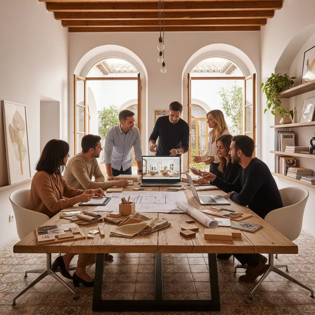 Equipo de interioristas trabajando en un estudio de diseño
