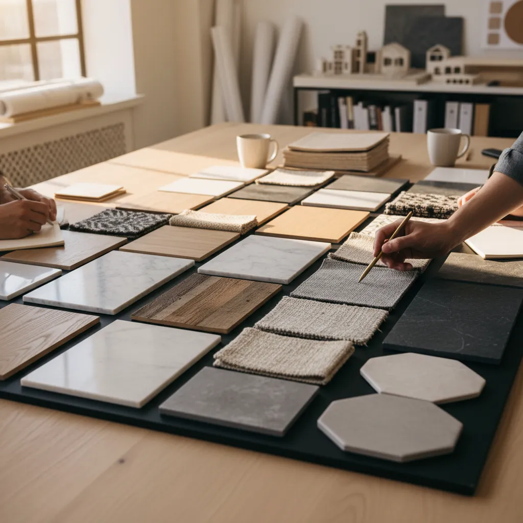 Mesa con muestras de materiales de interiorismo como madera, piedra y textiles