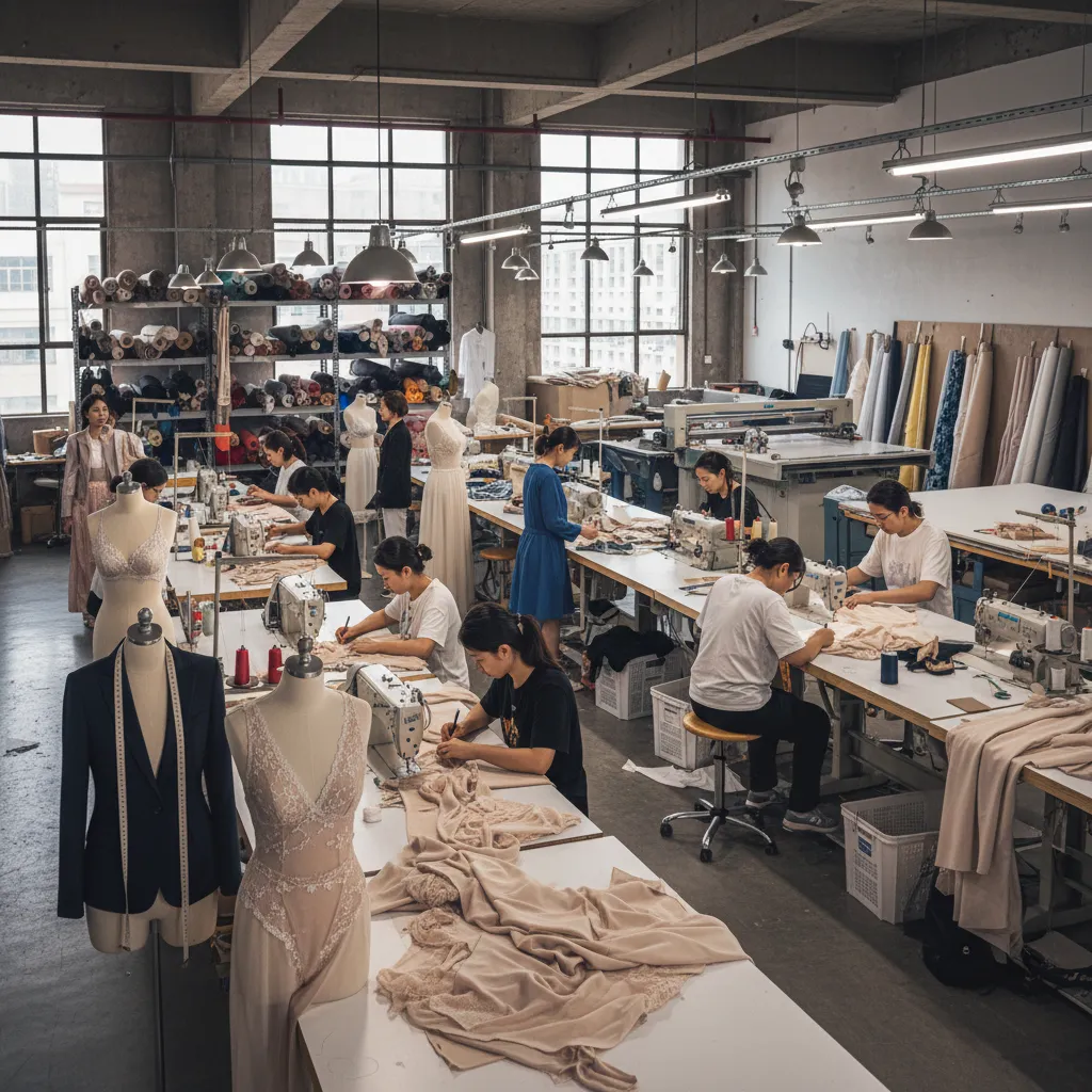 Estudio de moda chino con diseñadores trabajando en prototipos