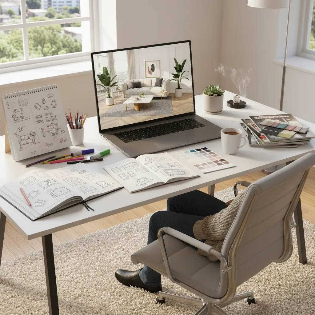 Persona estudiando diseño de interiores desde casa con apuntes y portátil