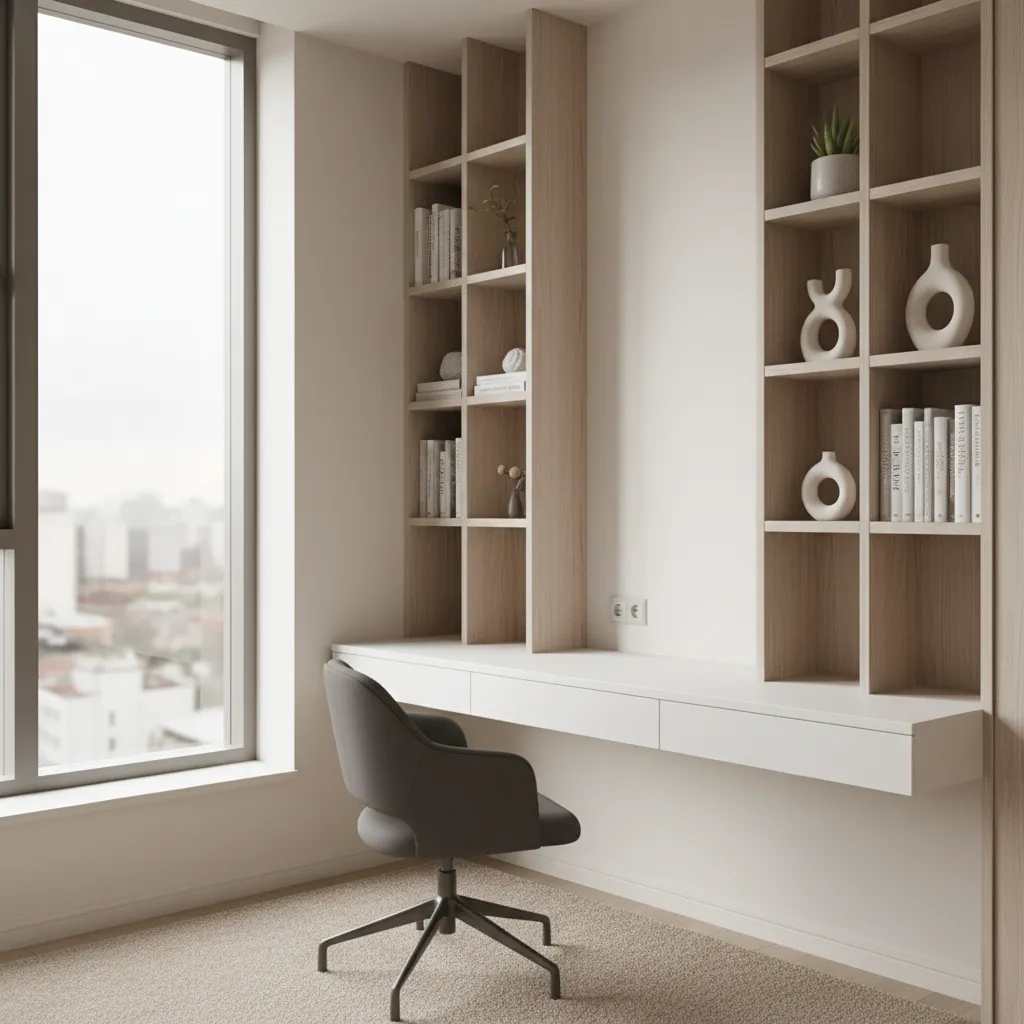 Pequeño cuarto de estudio con escritorio flotante y estanterías verticales