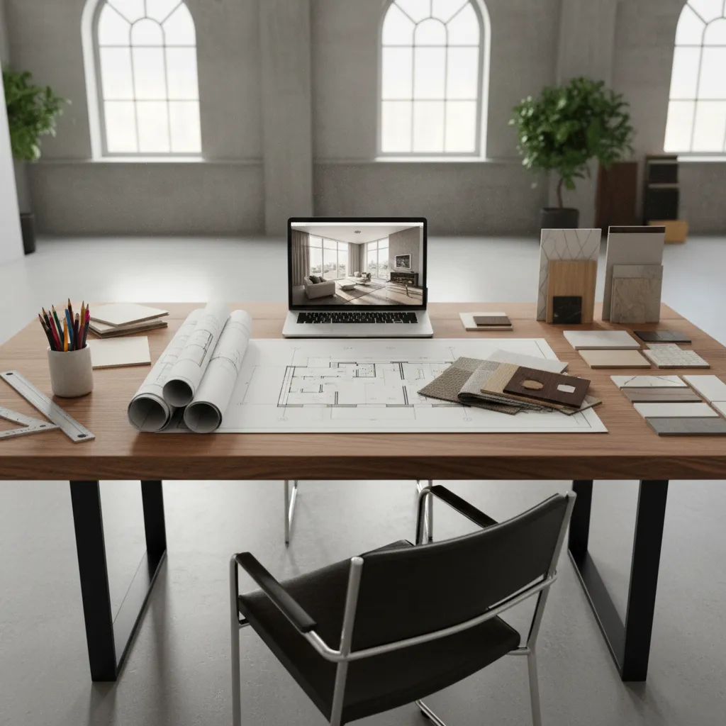 Mesa de trabajo con planos arquitectónicos, muestras de materiales y ordenador con diseño interior