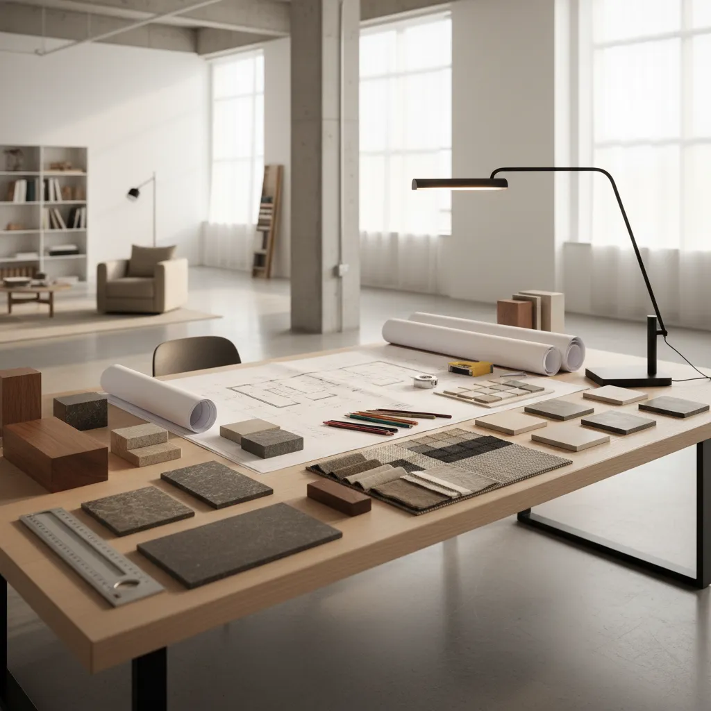 Mesa de trabajo con planos arquitectónicos y muestras de materiales de interiorismo