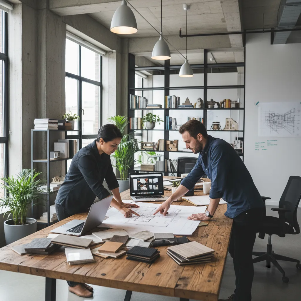 Professional interior designers reviewing a floor plan on a large wooden table in a studio
