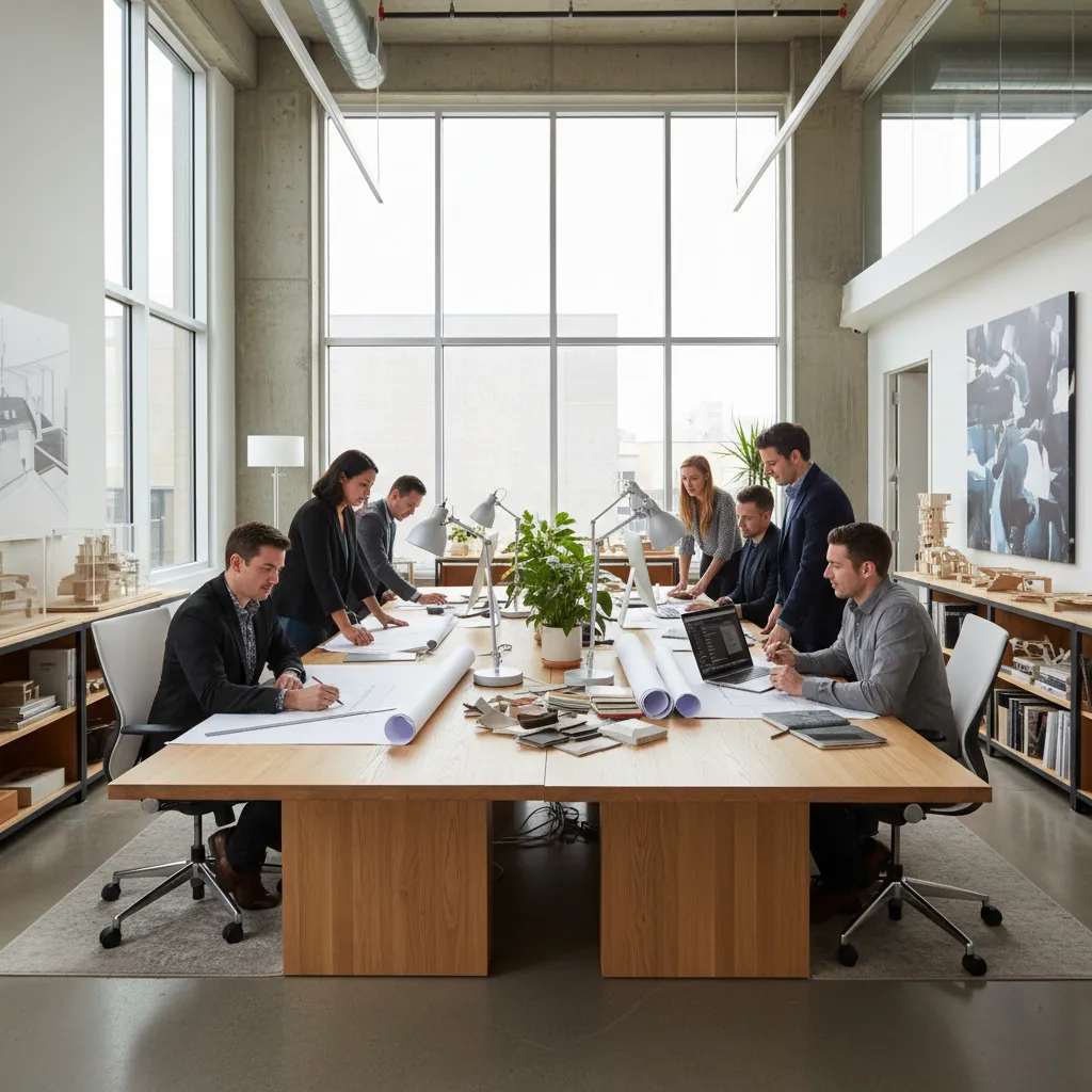 Equipo de diseñadores trabajando en un estudio profesional de interiorismo