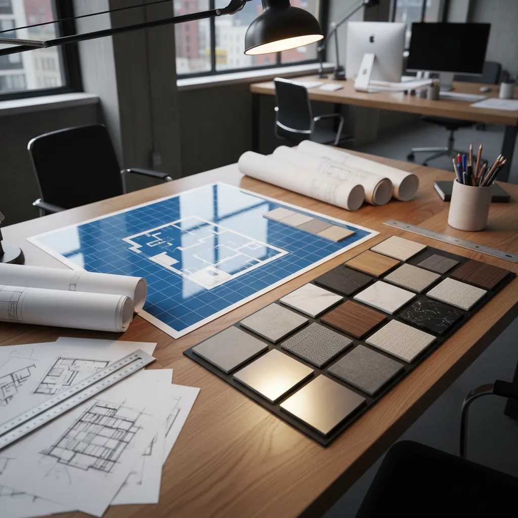 Mesa de trabajo con planos arquitectónicos, muestras de materiales y bocetos de interiorismo