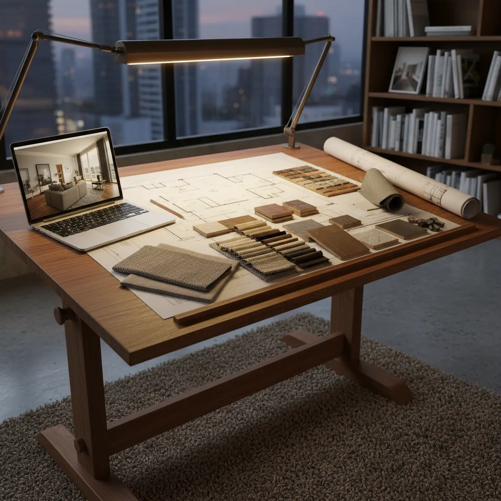 Proyecto de diseño de interiores con planos, laptop y muestras de materiales