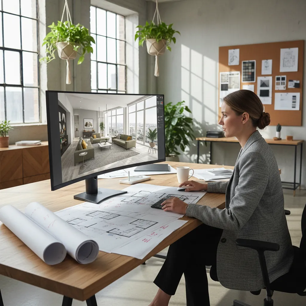 Diseñador revisando un proyecto de interiorismo en pantalla y planos impresos