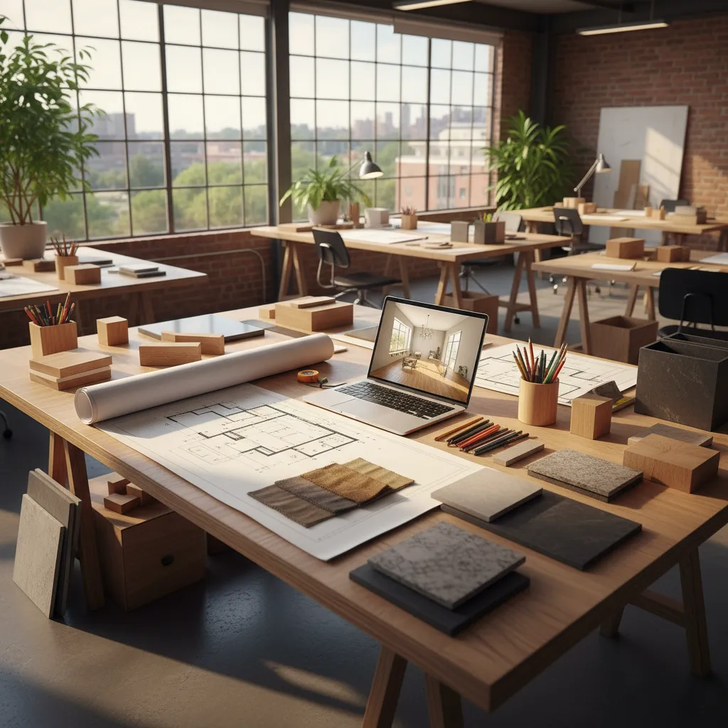 Mesa de trabajo con planos, muestras de materiales y portátil de diseño