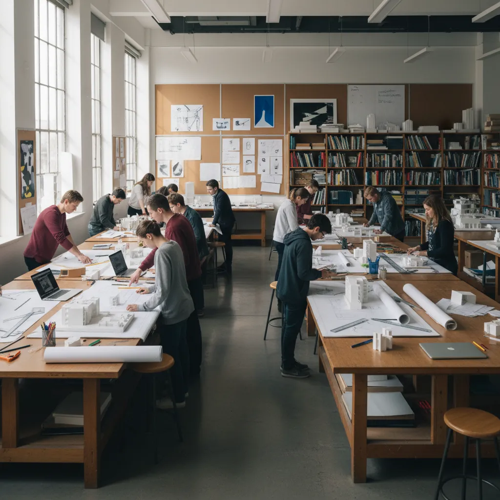 Students working on building models in a bright design studio with large windows and tables
