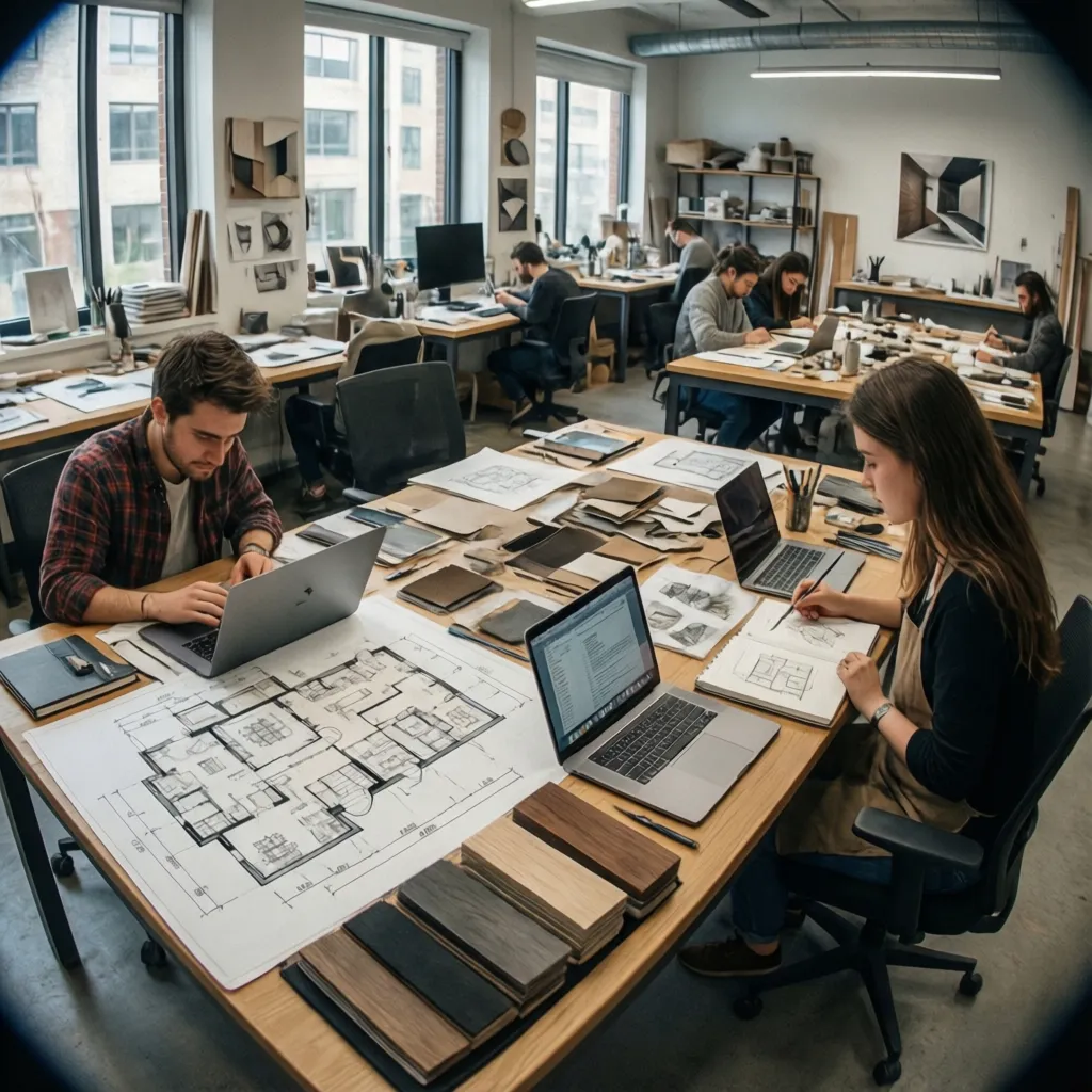 Estudiantes de diseño de interiores trabajando con planos y materiales en un taller universitario
