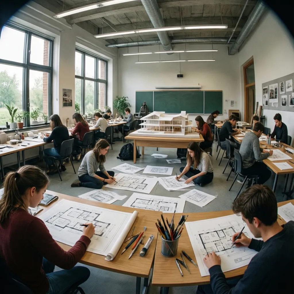 Aula universitaria donde estudiantes trabajan en planos y maquetas de interiores