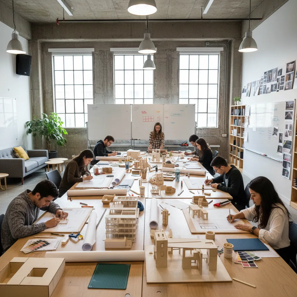 Aula de diseño de interiores con estudiantes trabajando en planos y maquetas