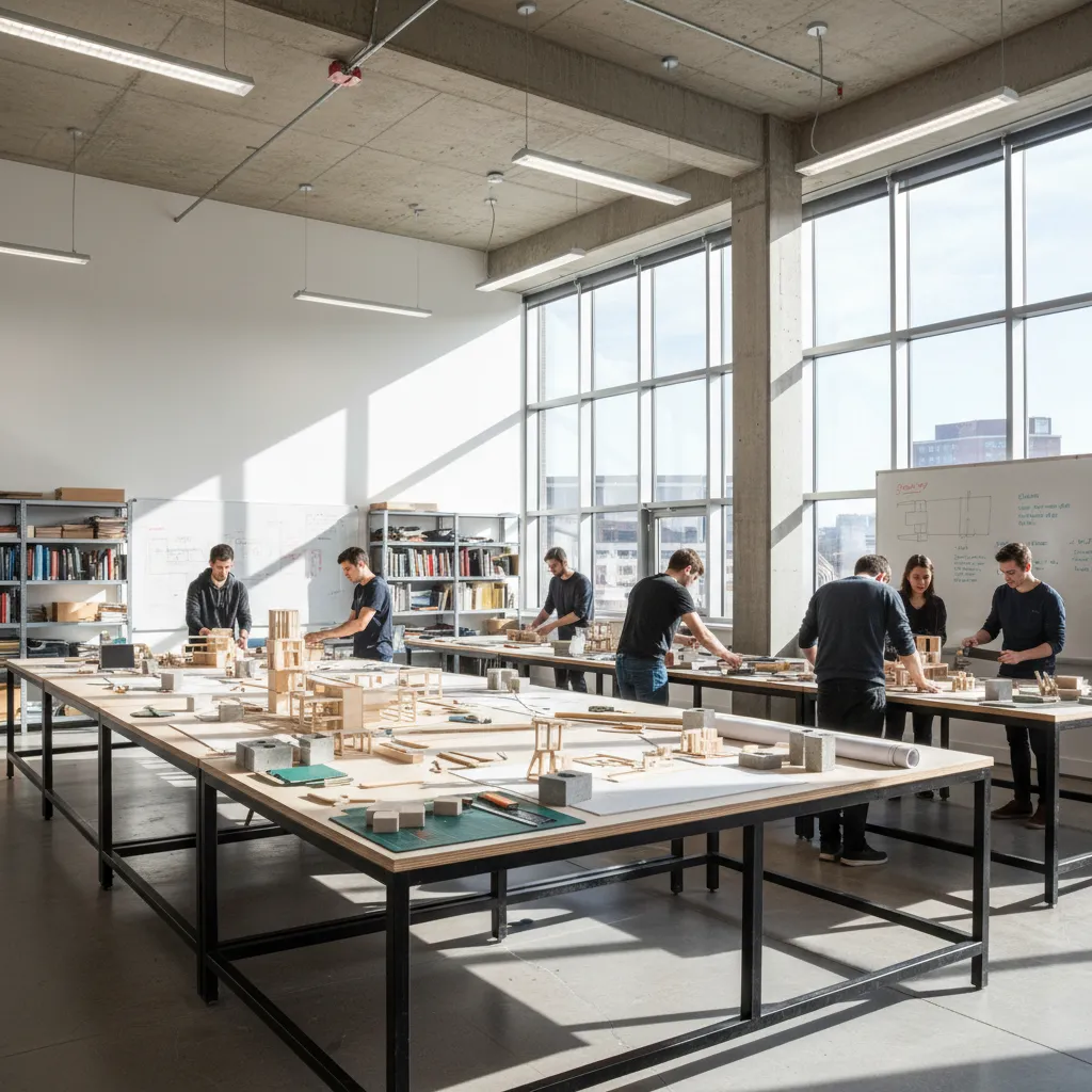 Aula universitaria de diseño de interiores con mesas de trabajo y maquetas
