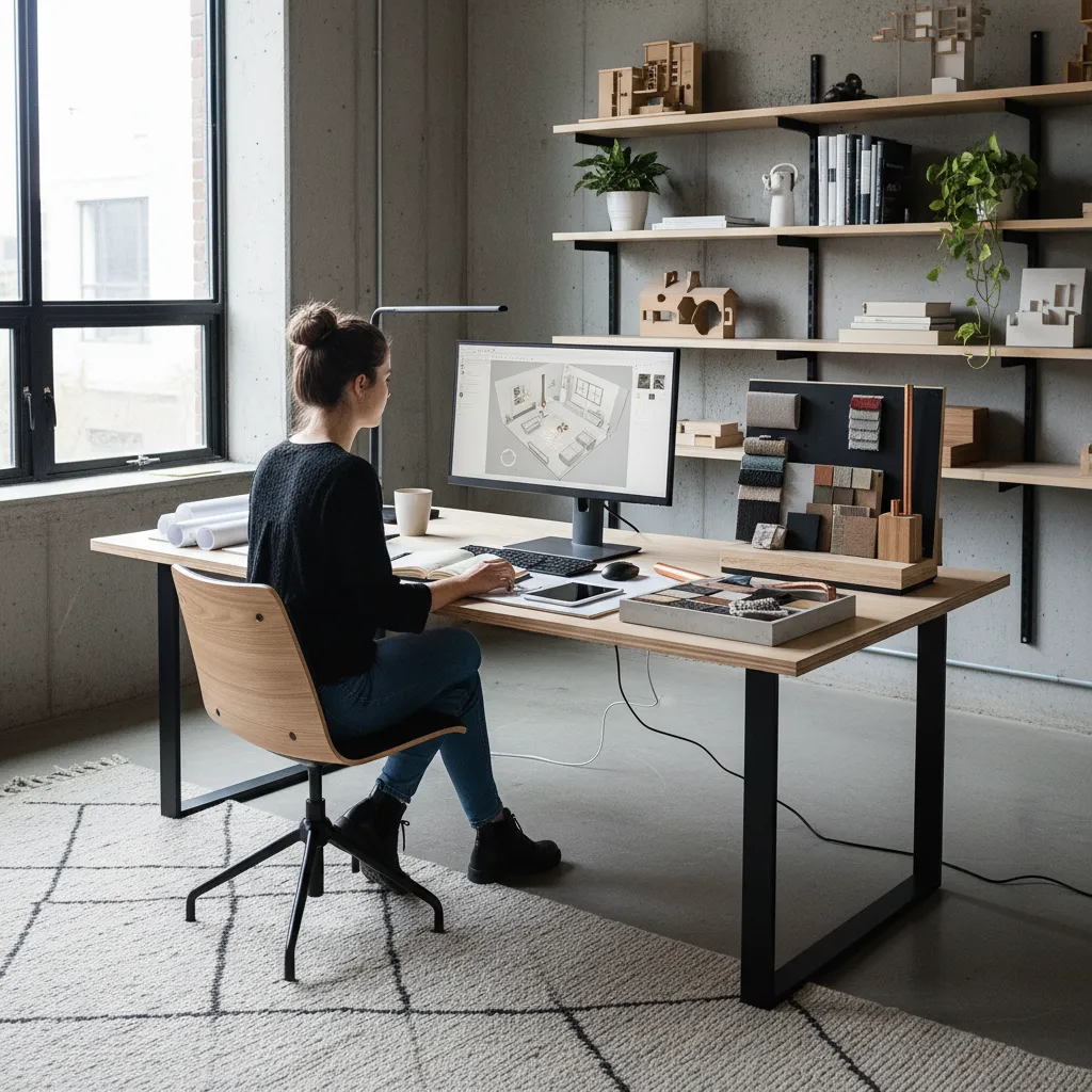 Female designer using computer to create 3D interior design layout with mood board on desk