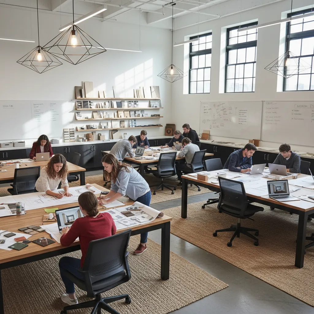 Students working in interior design studio with wooden desks, laptops, floor plans, and ceiling lights