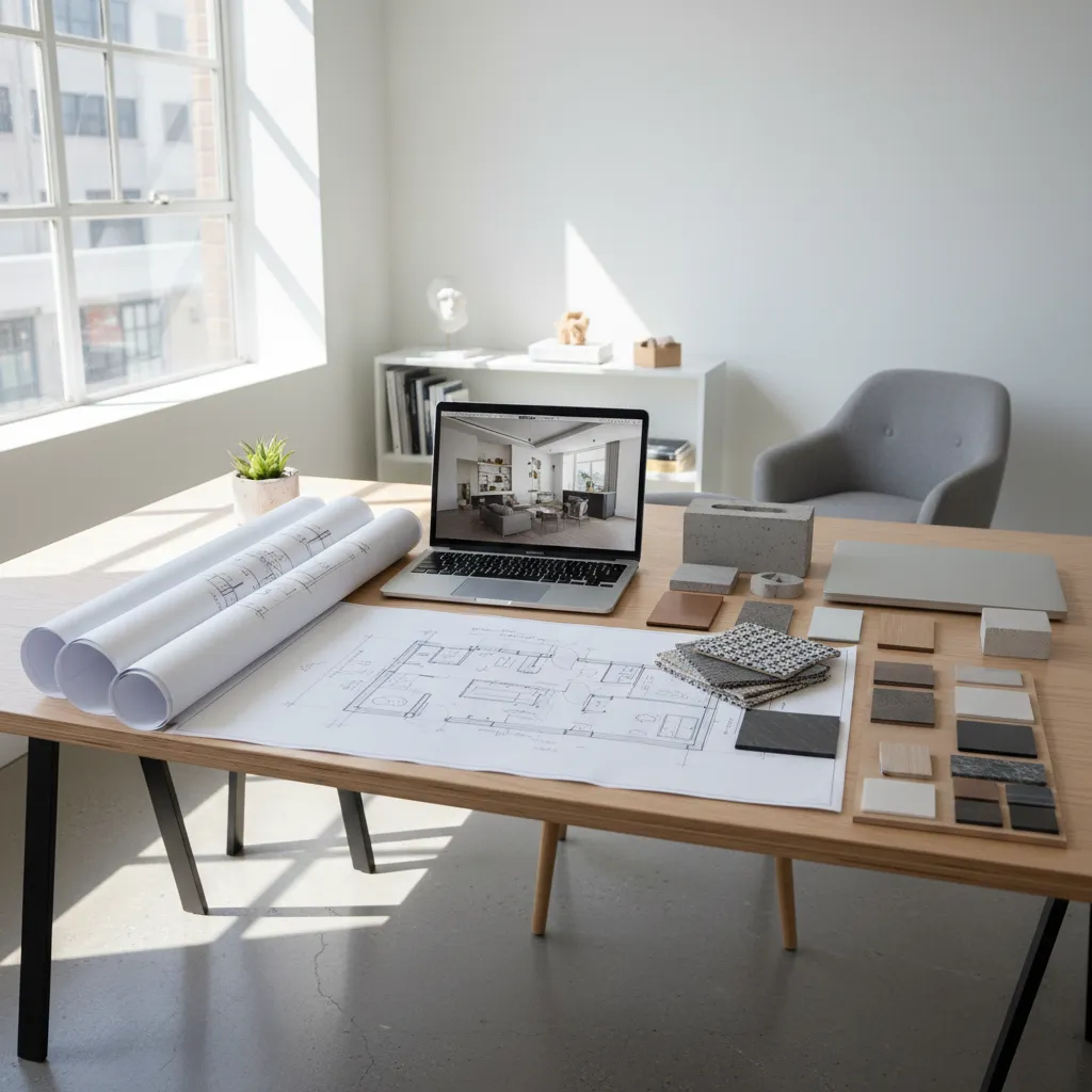 Wooden desk with laptop showing room design, paper floor plans, material samples, and grey chair
