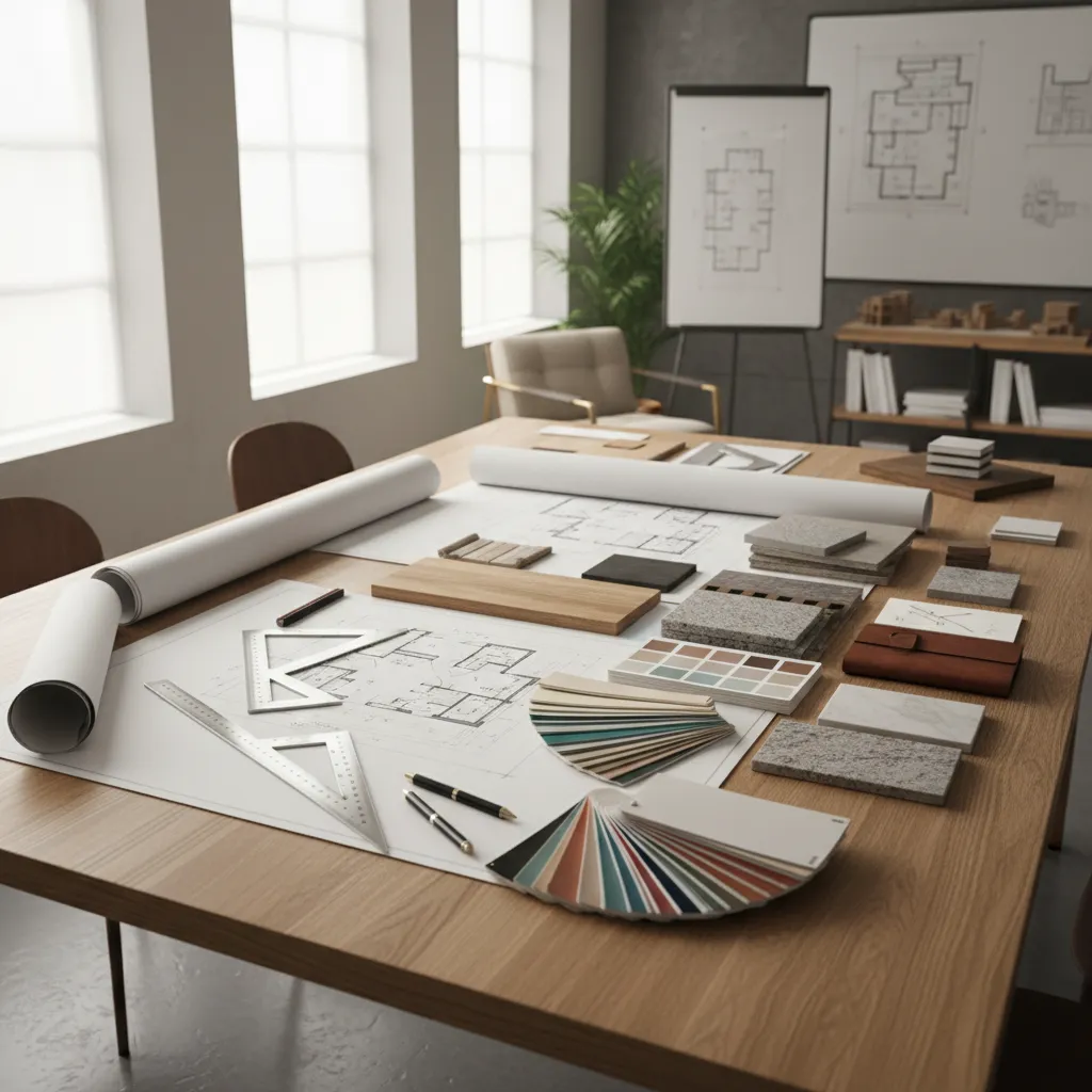 Mesa de trabajo con planos de interiorismo, muestras de materiales y reglas de dibujo