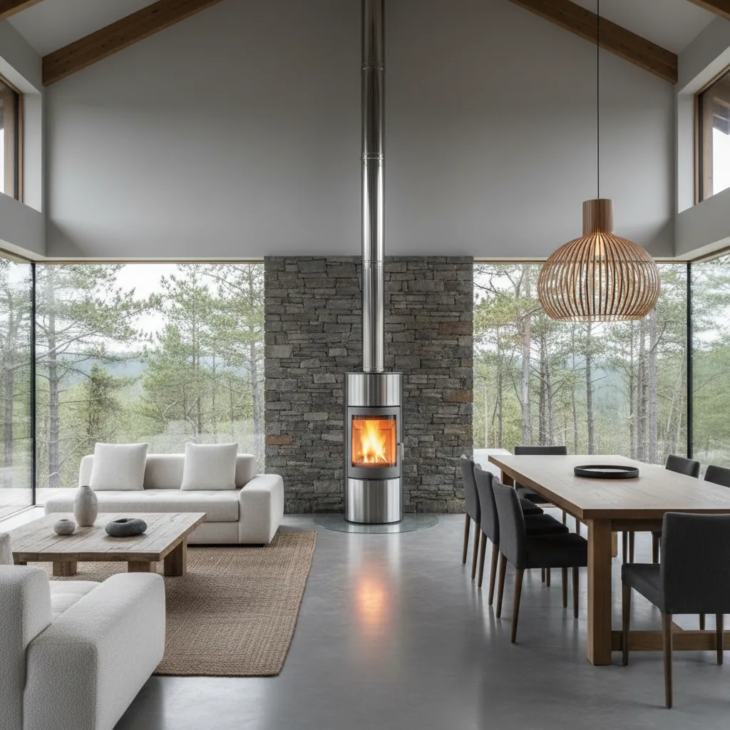 Estufa de diseño central separando salón y comedor