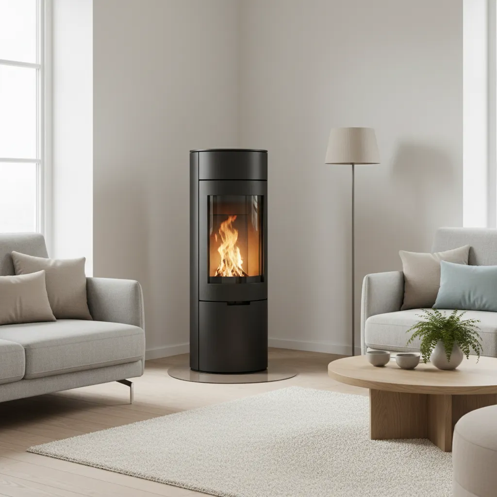 Estufa de pellets cilíndrica moderna en salón minimalista