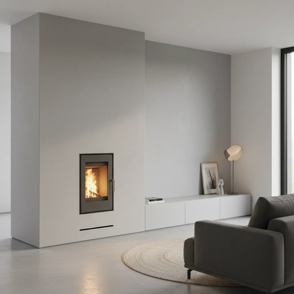 Estufa de pellets integrada en pared de estilo minimalista