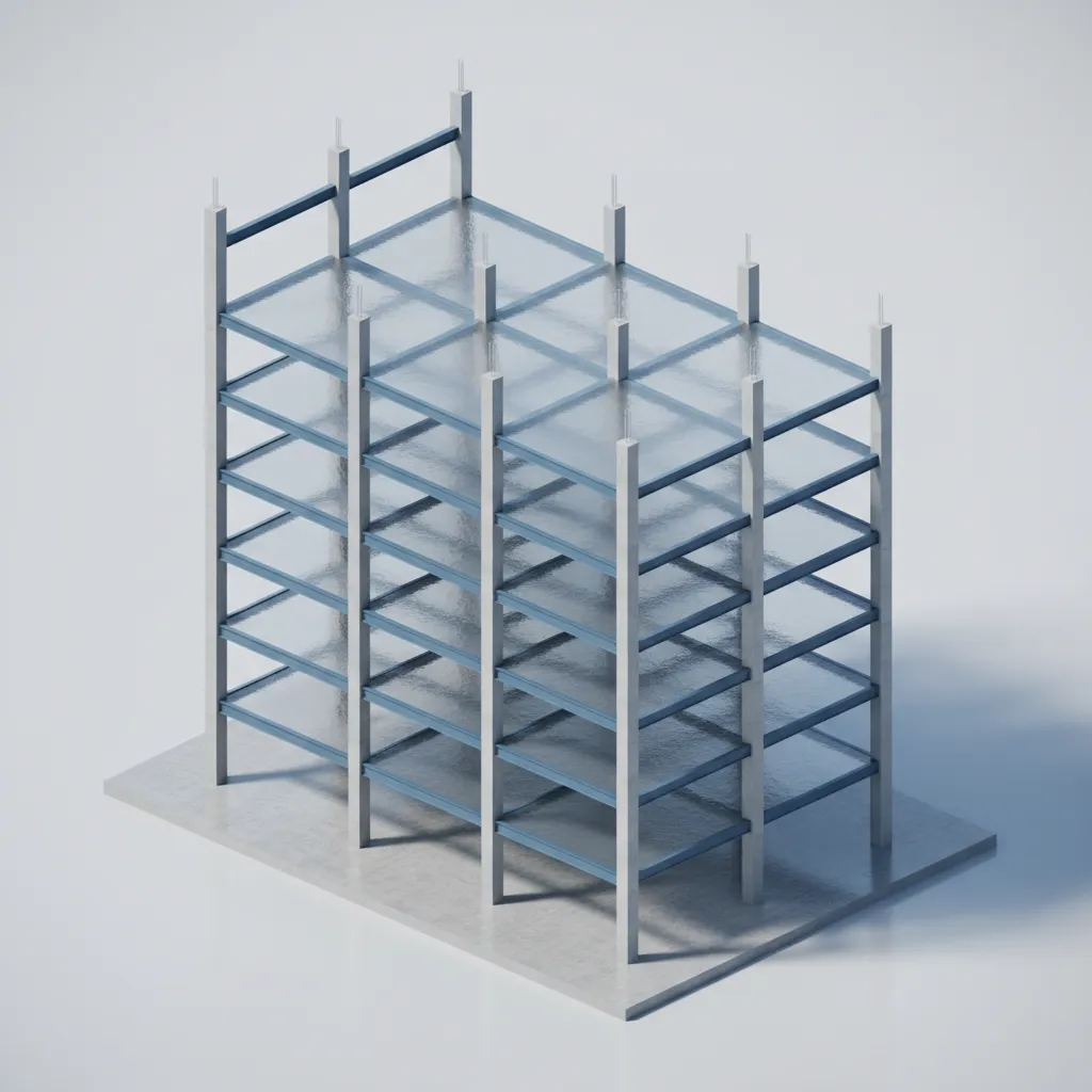 ETABS structural model with transparent slabs revealing beam layout
