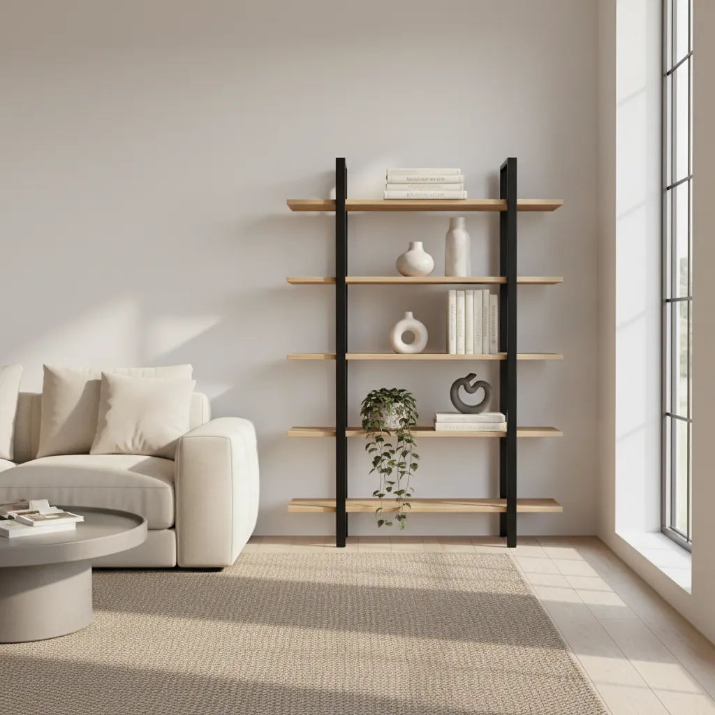 Balanced etagere shelf featuring books decorative objects and small plants