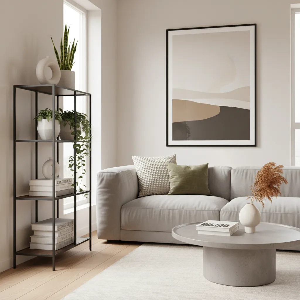 modern etagere placed in living room corner beside sofa with decorative objects
