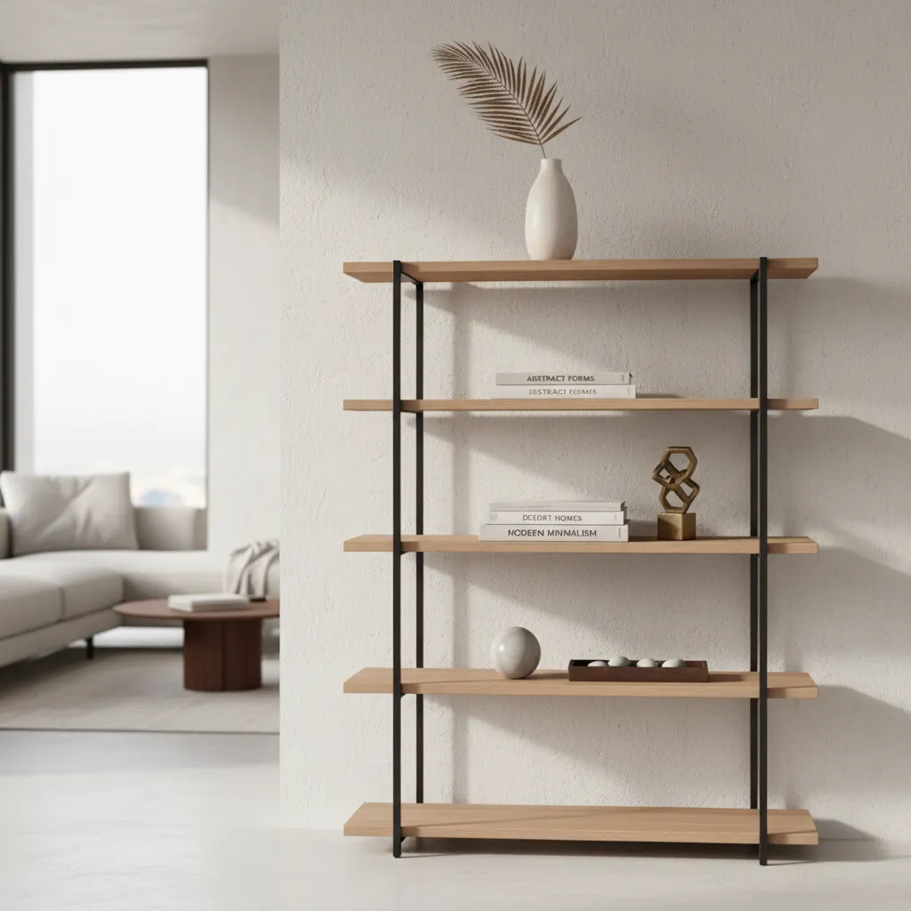 Etagere shelf styling showing tall medium and small decor height variation