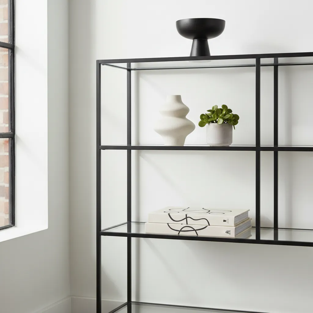 open etagere shelf showing negative space styling with minimal decor