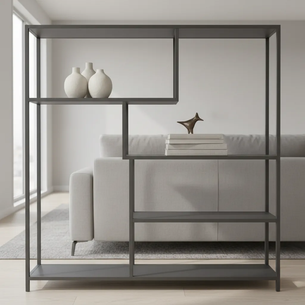 Etagere shelf styled using rule of thirds with decor grouped asymmetrically