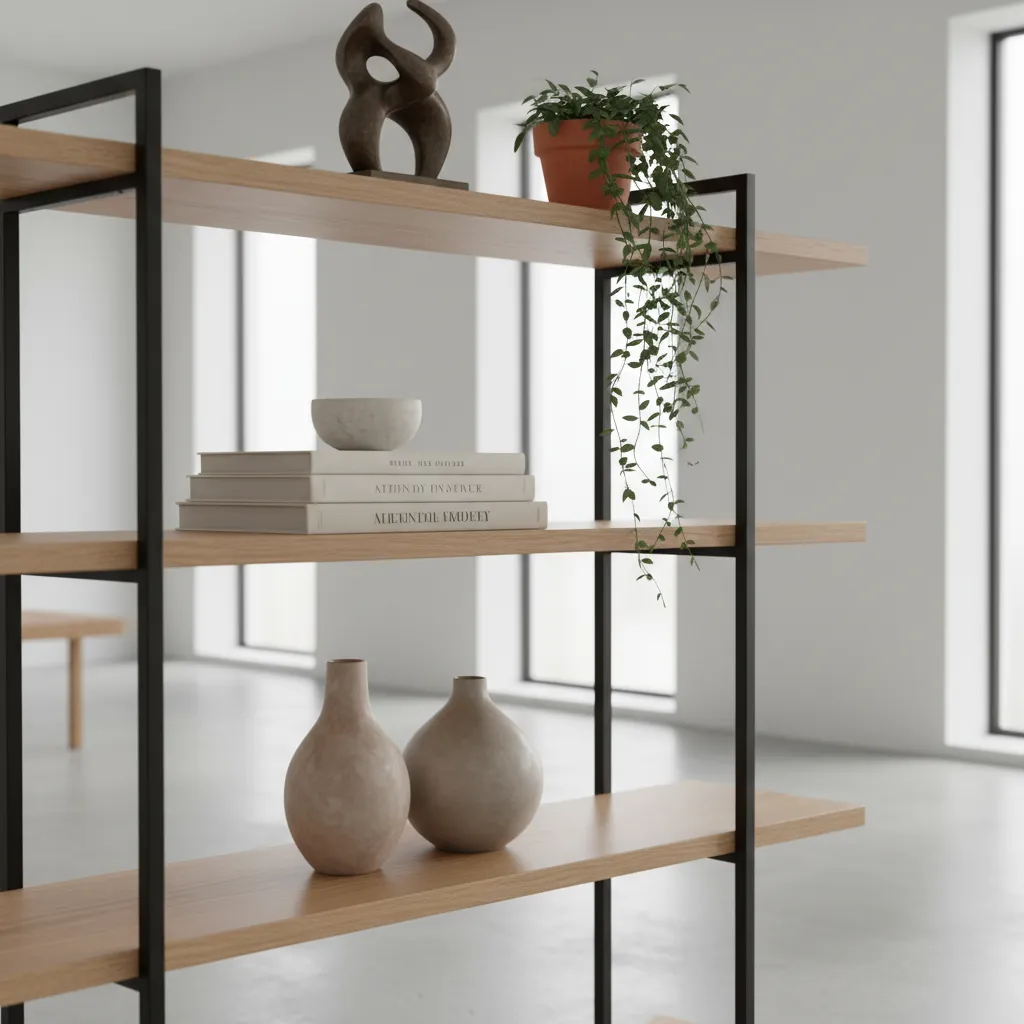 Well balanced etagere shelf styling with books plants and ceramic objects