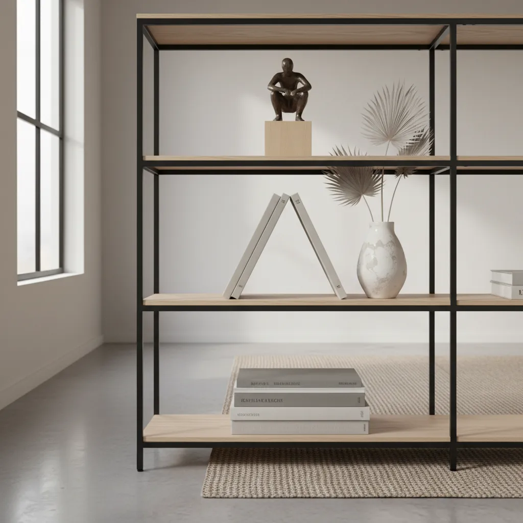 Etagere shelf showing layered styling pattern with books and decorative objects