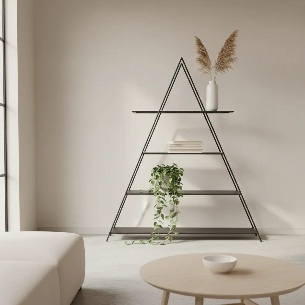 Open shelf styling showing visual triangle layout using books vase and plant