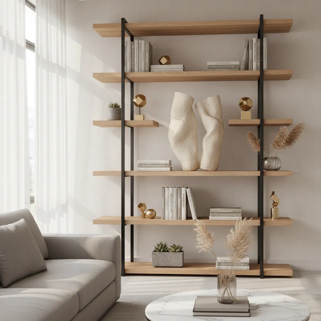 Modern etagere shelf with large ceramic statement sculpture centerpiece