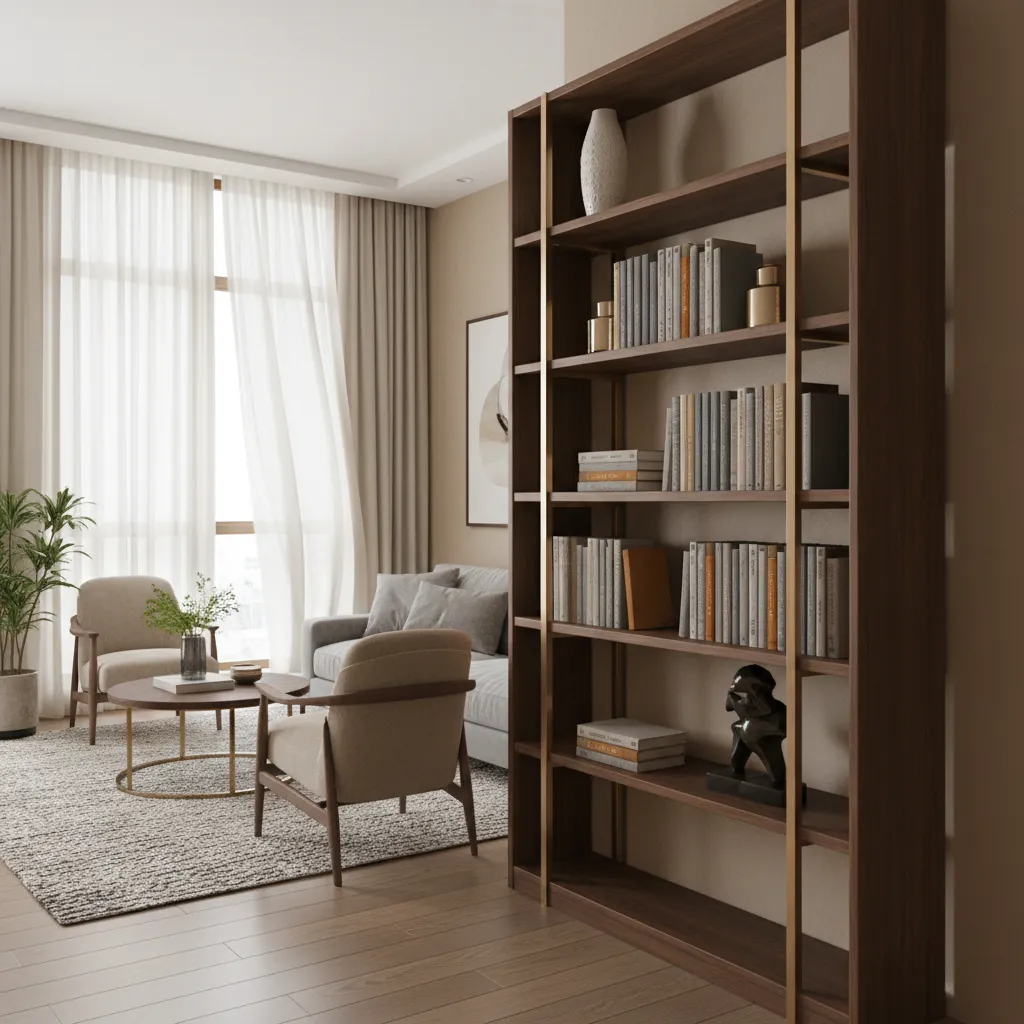 Etagere shelves styled with diagonal visual flow using varied decor heights