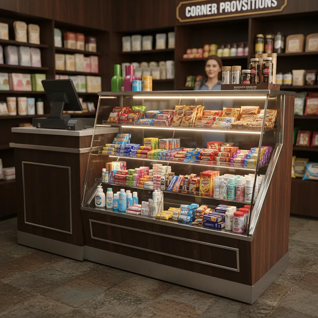 Etalase kaca warung kecil dengan produk terlihat jelas