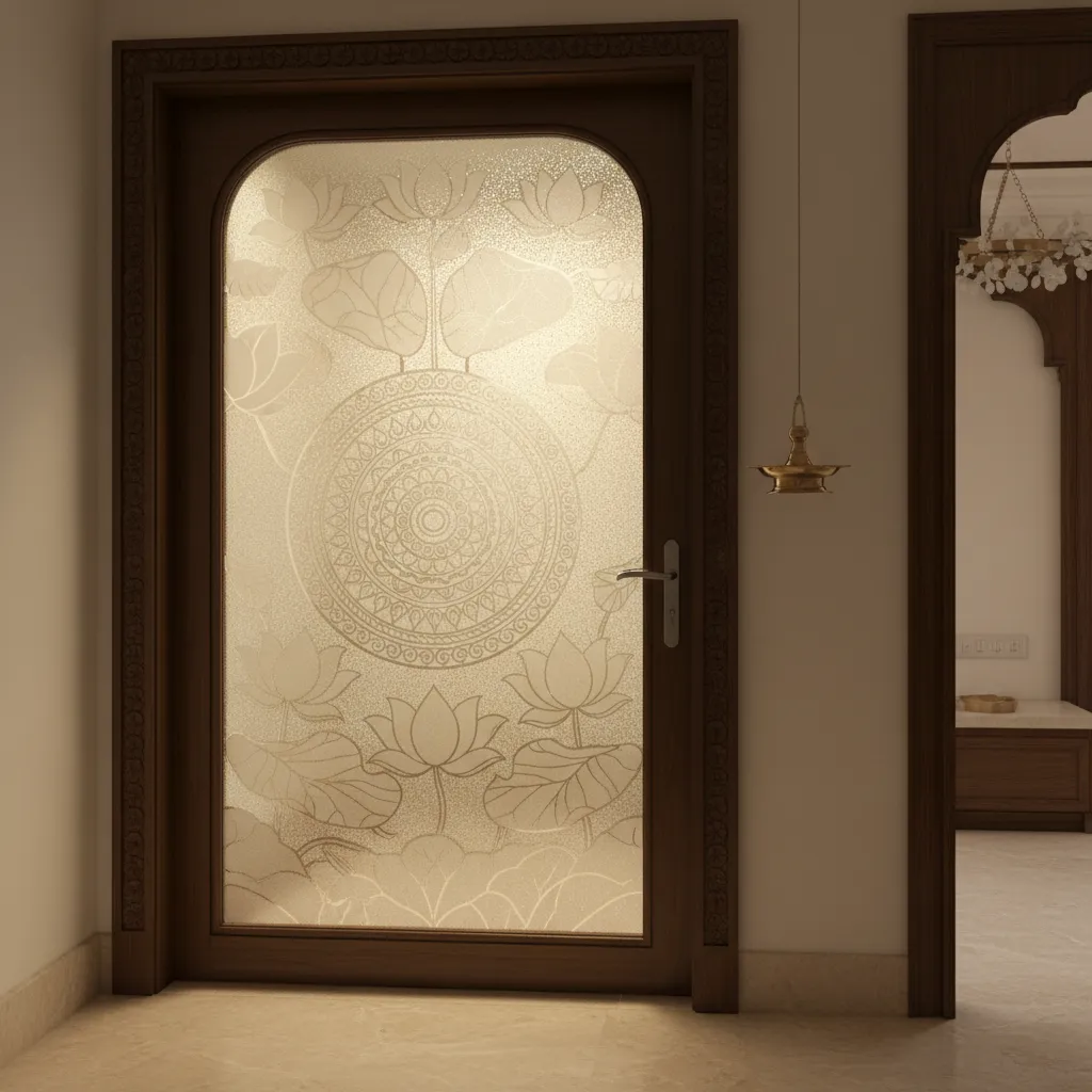 frosted glass pooja door with etched lotus pattern