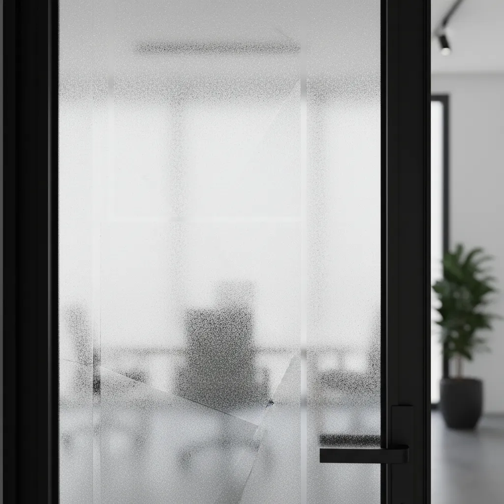 Close view of sandblasted etched glass office door panel