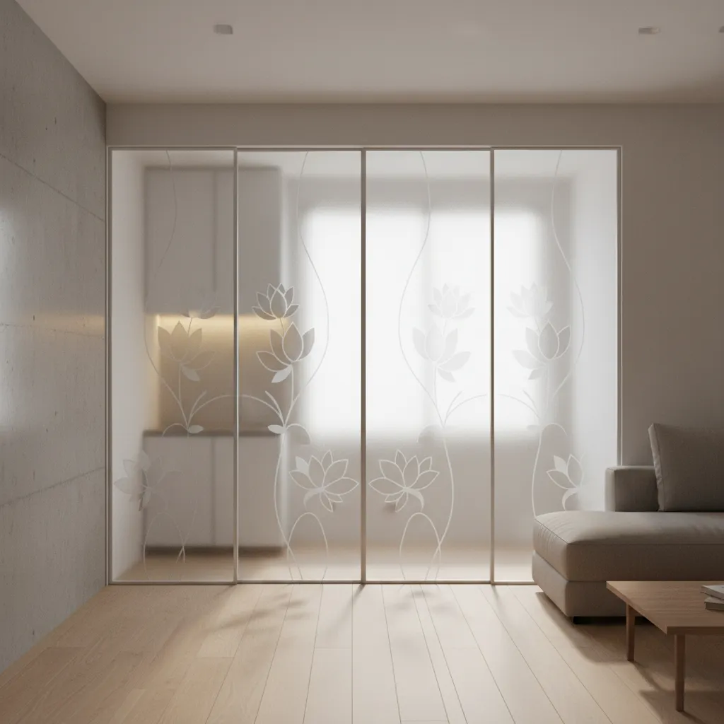 Frosted etched glass pooja room doors with lotus pattern