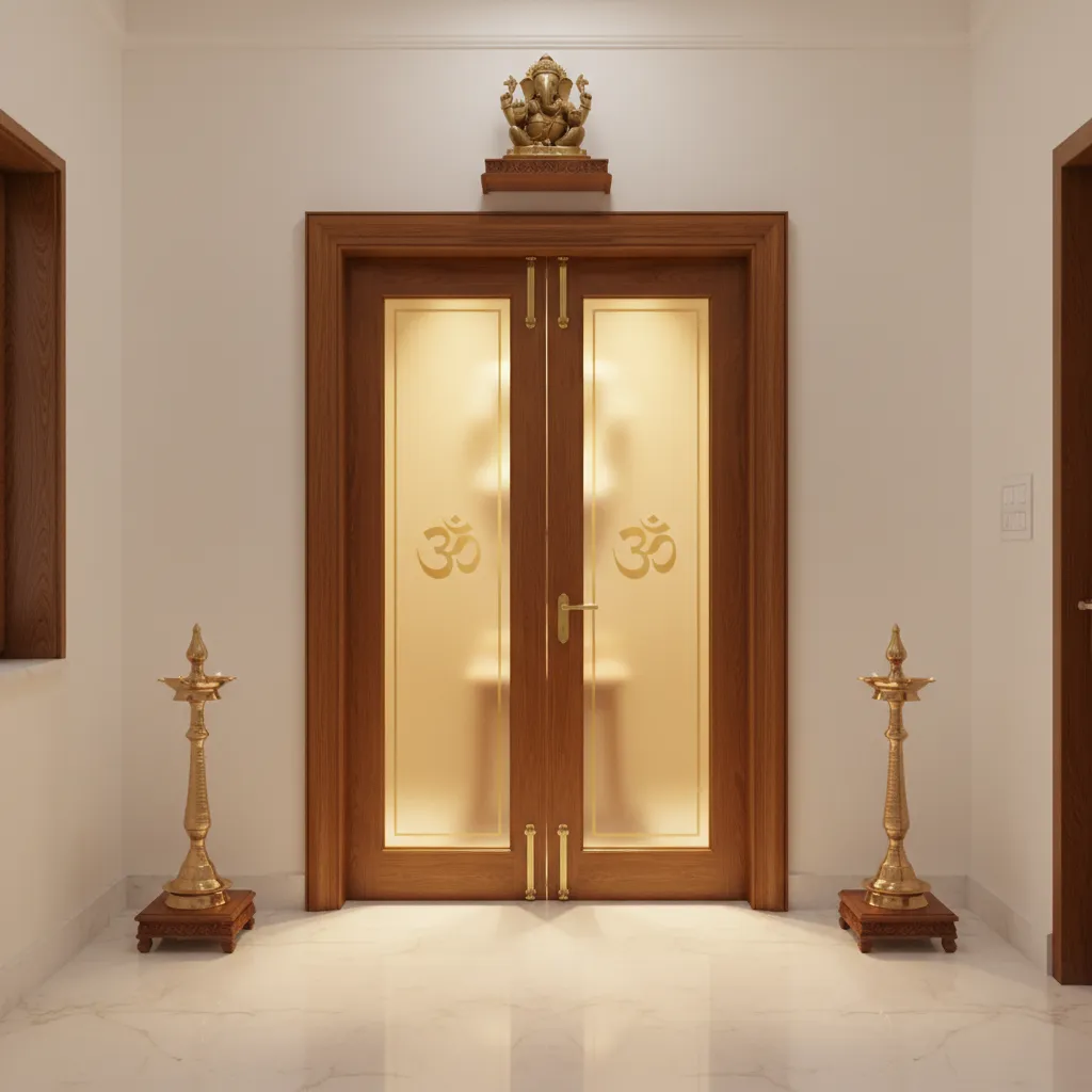 etched glass pooja door with Om symbol and wooden frame