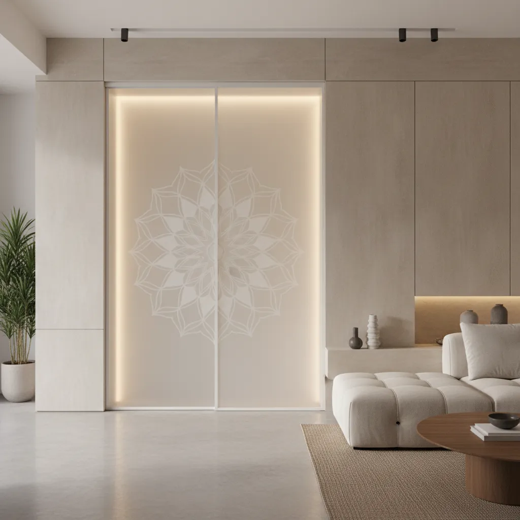 etched glass pooja room door integrated into living room wall